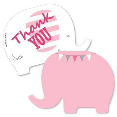 Big Dot of Happiness Pink Elephant - Shaped Thank You Cards - Girl Baby Shower or Birthday Party Thank You Note Cards with Envelopes - Set of 12