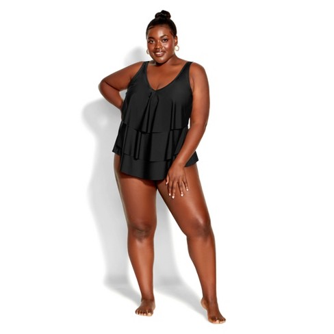 Women's Plus Size V Tiered Tankini Top - Black