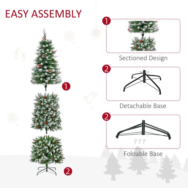 HOMCOM 7.5 FT Pre-Lit Snow-Dipped Artificial Christmas Tree with Realistic Branches, 350 LED Lights, Pine Cones, Red Berries and 1075 Tips, 5 of 9