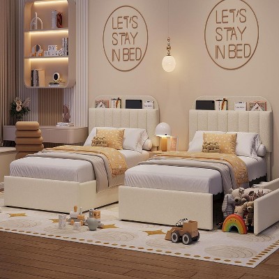 Queen Bed Frame with Storage Headboard, 2 Drawers, Upholstered Platform, Bookcase, No Box Spring Needed