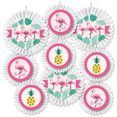 Big Dot of Happiness Pink Flamingo - Party Like a Pineapple - Hanging Tropical Summer Party Tissue Decoration Kit - Paper Fans - Set of 9