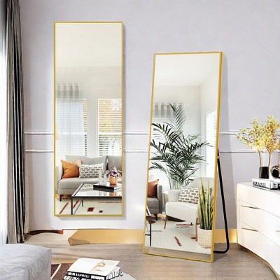 GlasFlength Full Length Mirrors Floor Standing Mirror, Wall Mirror with Stand Aluminum Alloy Thin Frame, Square Gold 64"*13.7"*21"