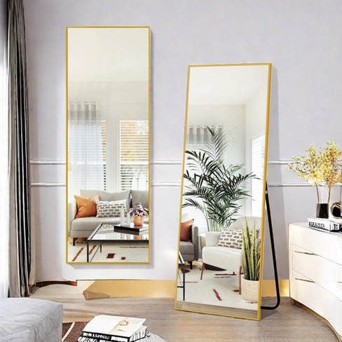 GlasFlength Full Length Mirrors Floor Standing Mirror, Wall Mirror with Stand Aluminum Alloy Thin Frame, Square Gold 64"*13.7"*21" - image 1 of 4