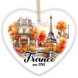 Majestic Vintage Fall Themed France Christmas Ornament, French Souvenir with Watercolor Eiffel Tower Painting| OrnamentallyYou - 1 of 4