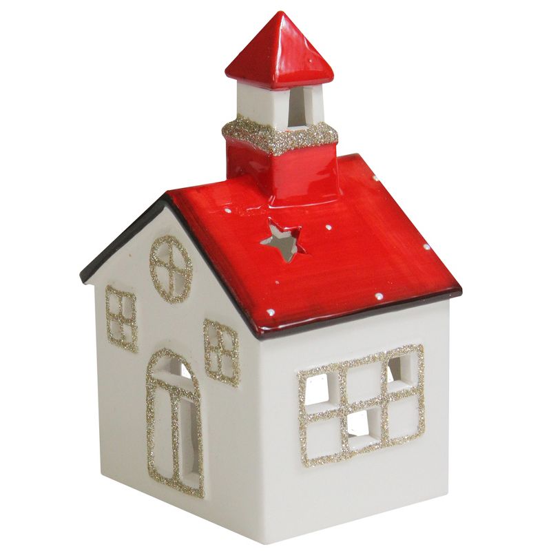 Northlight 6" White and Red Ceramic Church Flameless Christmas Candle Holder, 2 of 4