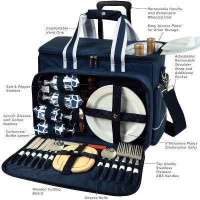 Blue Insulated Picnic Cooler Bag with Wheels and Service for Four