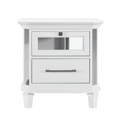 Vynxaria White Nightstand, Infinity LED Detailing, Mirrored Detailing, Bar Handle Design, Smooth White Finish
