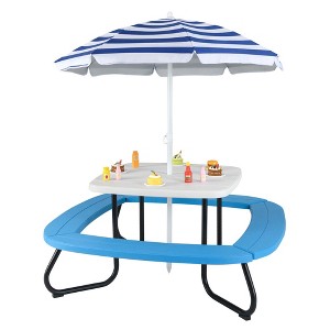 Costway Kids Picnic Table Outdoor Activity Table with Adjustable & Collapsible Umbrella Blue/White/Brown - 1 of 4