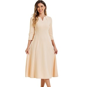 INSPIRE CHIC Women's Elegant Split Neck Side Zipper Pockets 3/4 Sleeve Work A-Line Dress - 1 of 4