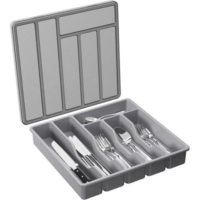 Attop Flatware Storage with Lid, Covered Utensil Tray for Kitchen Drawer and Countertop 6 Compartments, Black