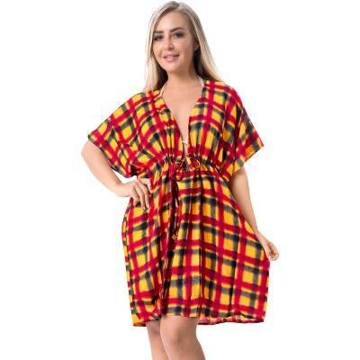 LA LEELA Women's Beachwear Swimsuit Coverups for Women Summer Swim Beach Cover Ups for Swimwear Women Mini Wrap Dresses for Women XL- XXL Red, Check