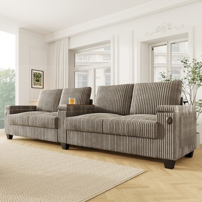 4-seater Polyester Sofa Couch 133" Modern Sofa with USB Ports, Hidden Storage Arms, Flip-Top Cup Holders for Living Room, Brown