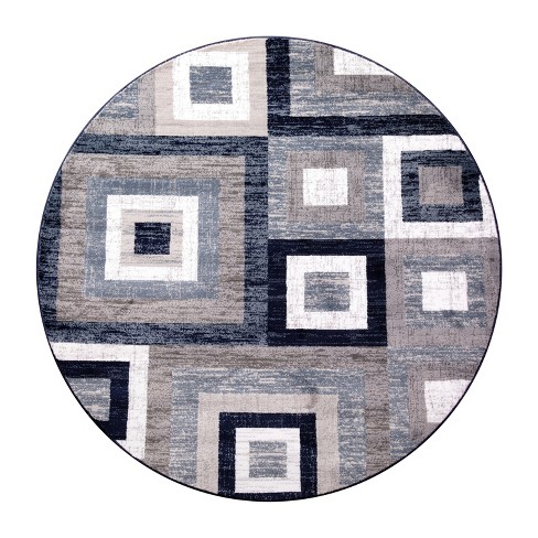 Flash Furniture Gideon Collection Geometric 5' x 5' Blue, Grey, and White Round Olefin Area Rug with Cotton Backing, Living Room, Bedroom