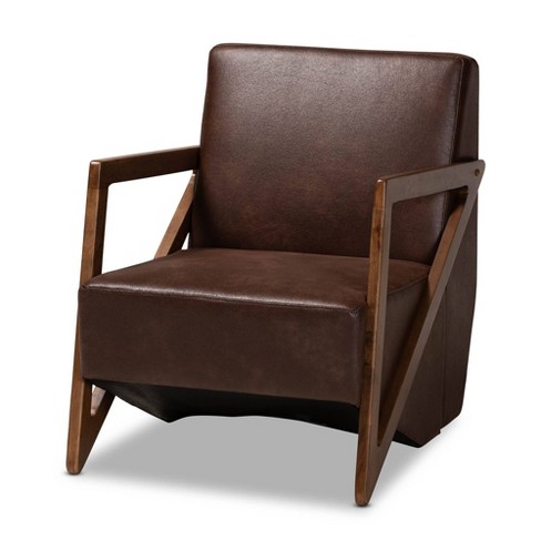 Christa Faux Leather Effect Fabric Upholstered Wood Accent Chair Dark Brown Walnut Brown Baxton Studio