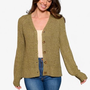 Amaryllis Women's Textured Knit Button-Up Cardigan V-Neck Long Sleeve Classic Ribbed Hem Layering Sweater with Cozy Fit - 1 of 4