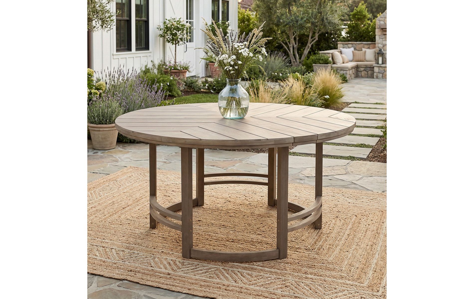 59" Round Outdoor Dining Table with Umbrella Hole, Brown Solid Acacia Wood Patio Table with Slatted Top, for Backyard, Garden or Deck-Panipeachy