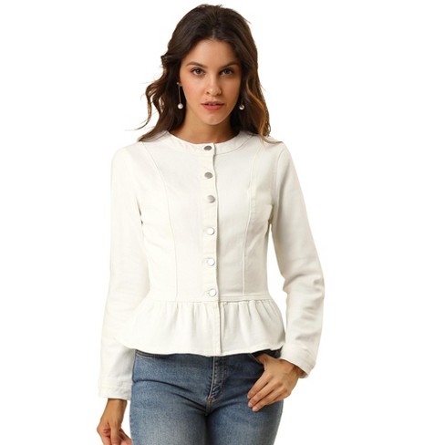 Ladies white collarless denim jacket best sale