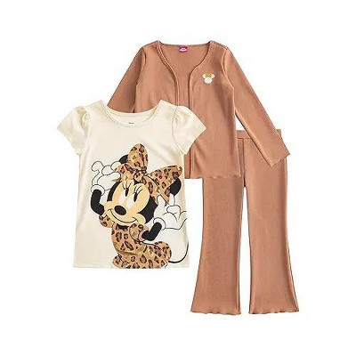 Disney Minnie Mouse Girls Flared Leggings Pants set with Cardigan, and Short Sleeve T-Shirt 3 Piece Set for Toddlers