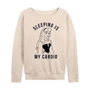 Women's - Disney Princess - Aurora Sleeping Is My Cardio Lightweight French Terry Wide Neck Long Sleeve Shirt - 1 of 4