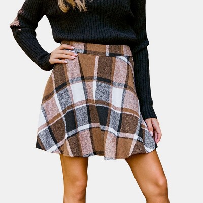 Women's Plaid Brown Flared Mini Skirt - Cupshe