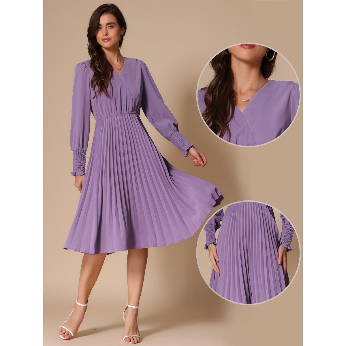 Женские платья INSPIRE CHIC Women's V-neck Pleated Puff Sleeve Flowy Elegant Casual Midi Dress Purple Gray Medium — фото 2