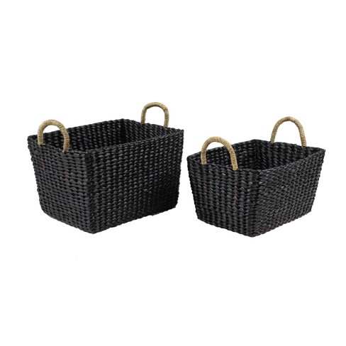 Olivia May Set Of 2 Large Rectangular Handwoven Water Hyacinth Wicker Baskets With Banana Leaf Handles Black Target