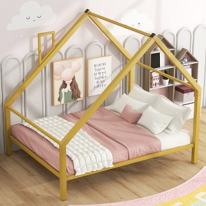 LOVMOR 77.55 Inch Twin Size Metal Floor Bed with House-shaped Headboard,No Box Spring Required,for Kids Teens Adults Bedroom,Easy Assembly，White - 1 of 4