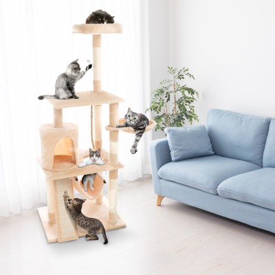 Beige 4-Tier Sisal Cat Tower with Hammocks and Toys