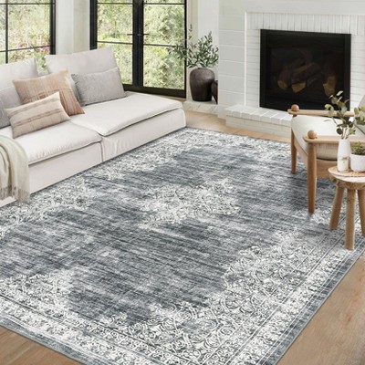 Washable Vintage Printed Rug Non Slip Low Pile Rug Soft Throw Floor Cover Foldable Indoor Carpet for Living Room Bedroom Playroom Nursery