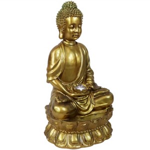 Sunnydaze 36"H Electric Fiberglass Relaxed Buddha Outdoor Water Fountain with LED Light - 1 of 4