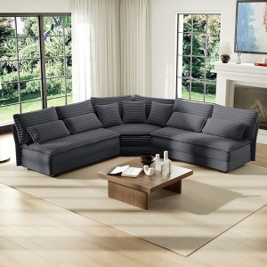 ModernLuxe 5-Seater L-Shaped Sectional Sofa with Curved Corner, Corduroy Sofa Couch with 7 Pillows (3 Throw + 4 Lumbar) - 1 of 4