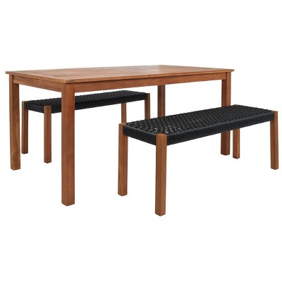 Natural Acacia and Black Woven Rattan 4-Person Patio Dining Set