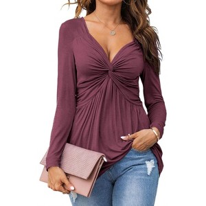 Imily Bela Chic Knot Front V Neck Blouse Long Sleeve Womens Top Elegant Everyday Pullover - 1 of 4