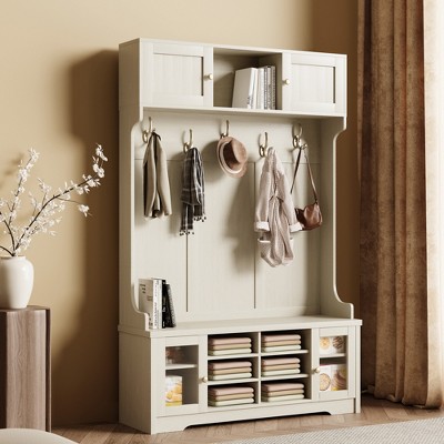 Luck Live 46.45 in. Hall Tree with shoe cabinet storage, entry organizer with four hooks, beige