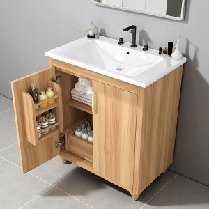 30-Inch Natural Bathroom Vanity with Sink, Freestanding Cabinet with 2 Doors & 1 Drawer, Ceramic Top with 8-Inch Faucet Mount - 1 of 4