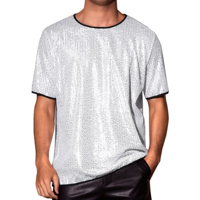 INSPIRE CHIC Men's Metallic Short Sleeved Club Rave Party Sequins Sparkly T-Shirt