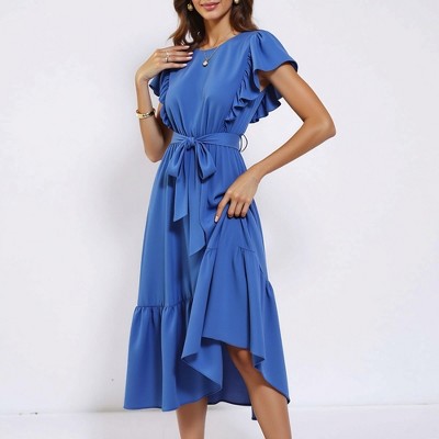 Knit & Lounge Women’s Flutter Sleeve Midi Dress Waist Tie Ruffle Detail Flowy Hem Everyday Style