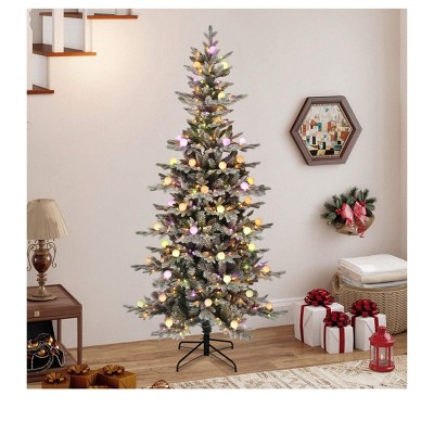 6ft/7.5ft Pre-Lit Flocked Layered Christmas Tree with Remote Control, Flocked Hinged Christmas Tree With 1338/1734 PE & PVC Mixed Branch Tips