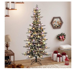 6ft/7.5ft Pre-Lit Flocked Layered Christmas Tree with Remote Control, Flocked Hinged Christmas Tree With 1338/1734 PE & PVC Mixed Branch Tips - 1 of 4