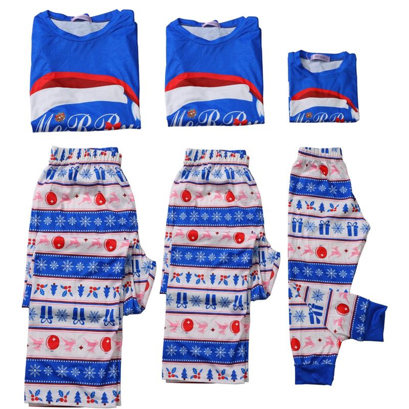 cheibear Christmas Cute Letters Print Long Sleeve Tee with Pants Loungewear Family Pajama Sets Blue, 3 of 5