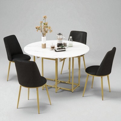 5-Piece Round Drop Leaf Dining Table Set, Faux Marble Top, 4 Upholstered Chairs, Compact Folding Kitchen Table Set with Metal Frame for Dining Room