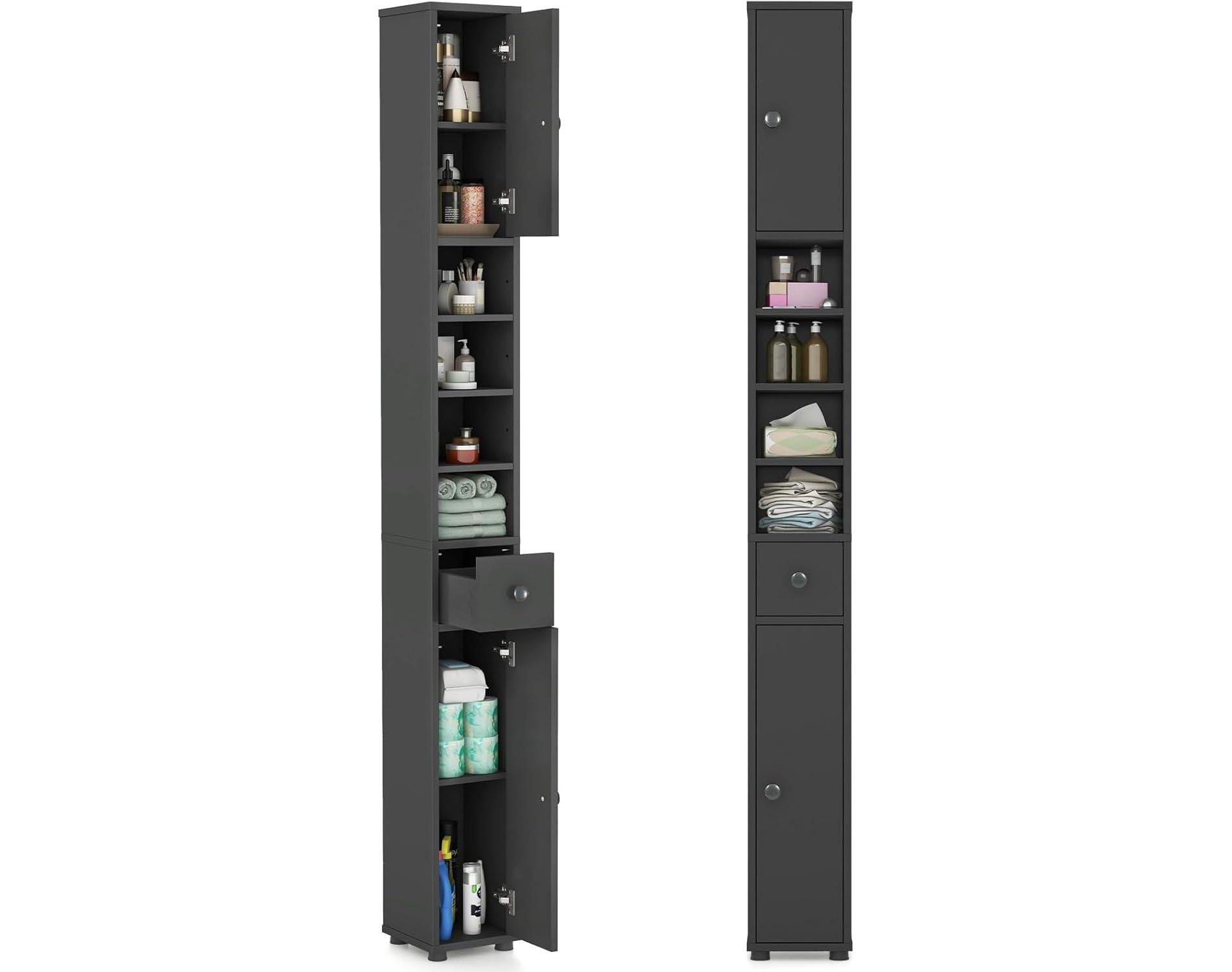 Costway Tall Slim Bathroom Storage Cabinet 71" Freestanding w/ 2 Doors 1 Drawer & 5 Adjustable Shelves Narrow Tower Cabinet for Small Spaces Gray