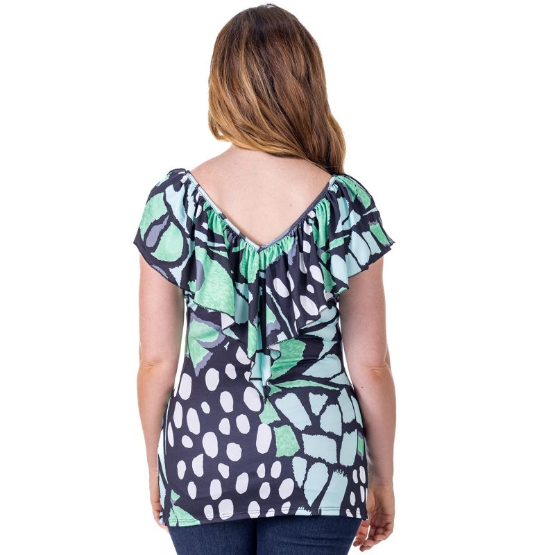 24seven Comfort Apparel Womens Cap Sleeve Green Butterfly Print Ruffle V Neck Top, 3 of 9