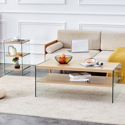 NicBex Modern Double-Layered Coffee Table with Tempered Glass Base,Rectangular Tea Table,Center Table for Living Room