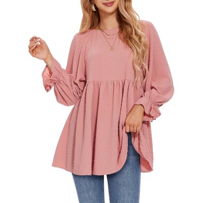 EXLURA Womens Long Sleeve Blouses Swiss Dot Babydoll Loose Fit Maternity Top 2025 Spring Fall Tunic Shirts Dressy Casual Tops White