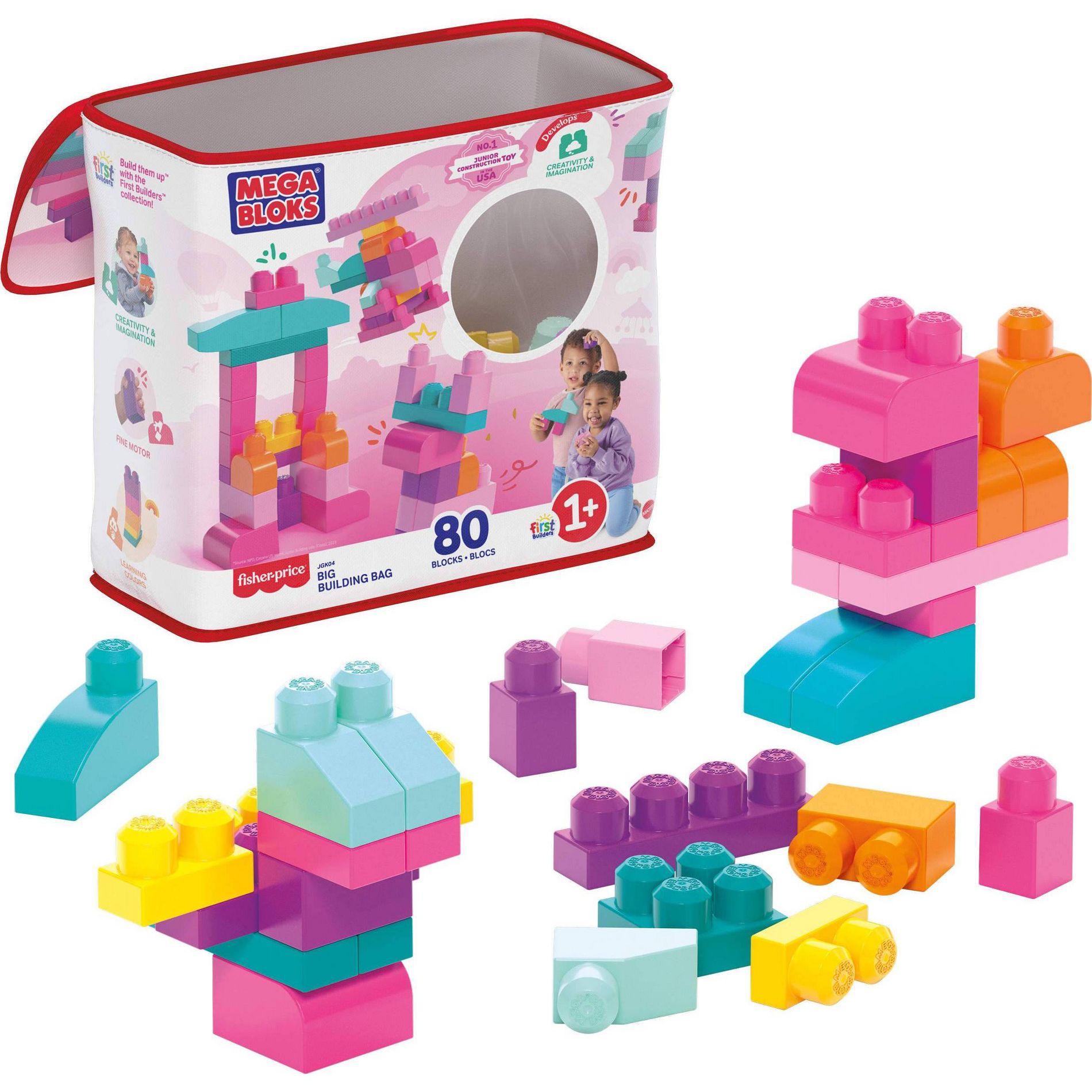 MEGA BLOKS First Builders Big Building Bag Toy Blocks with Pink Storage Bag for Toddler -  80pc