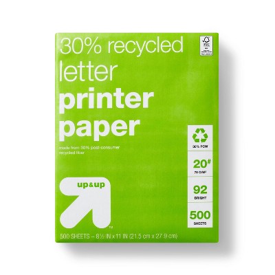 Recycled Printer Paper Letter Size 20lb 500ct White - up&up™: 30% Recycled, 8.5x11 Inches, 92 Brightness, 500 Sheets