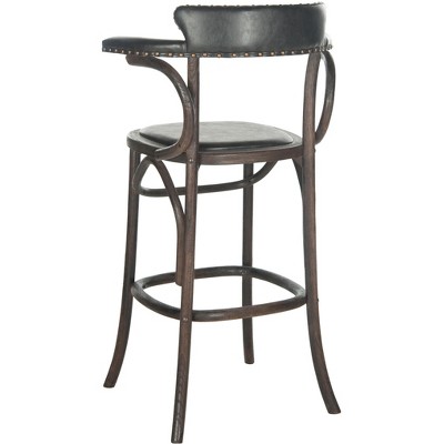 Antique Black Oak and Metal Transitional Bar Stool with Brass Nail Heads