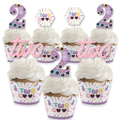 Big Dot of Happiness Two Cool - Girl - Cupcake Decoration - Pastel 2nd Birthday Party Cupcake Wrappers and Treat Picks Kit - Set of 24