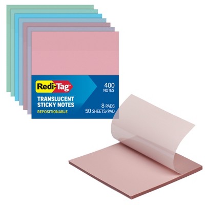 Redi-Tag Translucent Sticky Notes, 3 x 3 in., Pastel Assorted Colors, 8 ...